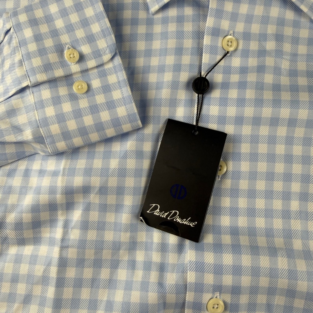 David Donahue Shirt Men's 17.5 32-33 Blue Gingham Check Plaid Dress Spread Sky - Picture 6 of 11